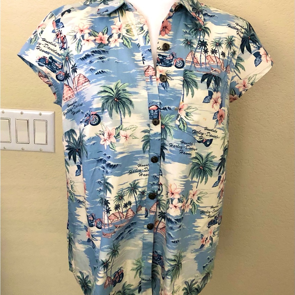 Harley-Davidson Blue and White Tropical Hawaiian Women’s Sbirt